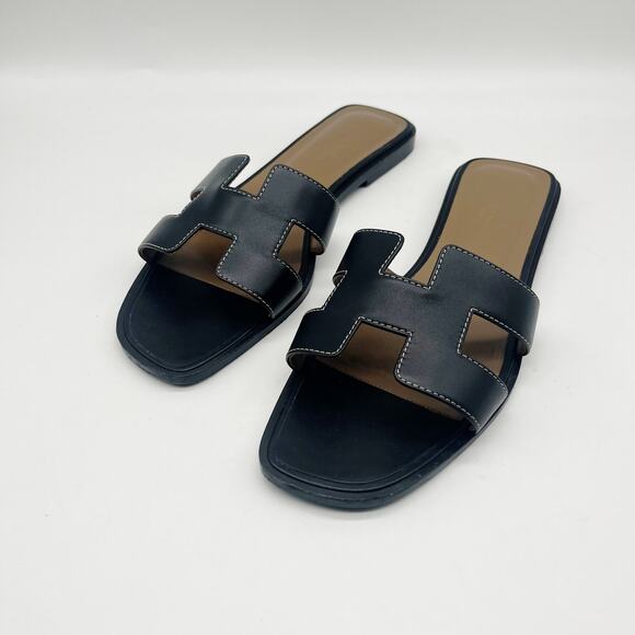 Hermes Shoes - Hermes Oran Sandals in Black Noire Piqures Ecrues Size 40/9.5
